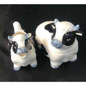Holstein Cow Black, White & Gray Ceramic Creamer And Sugar Bowl Set Country Farm